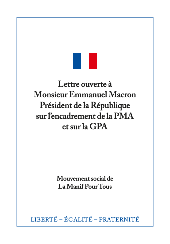 Couverture - Lettre ouverte à Monsieur Emmanuel Macron Président de la République sur l’encadrement de la PMA et sur la GPA
